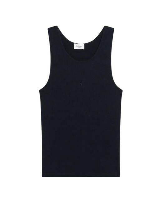 Saint Laurent Blue Ribbed-Knit Embroidered Tank Top