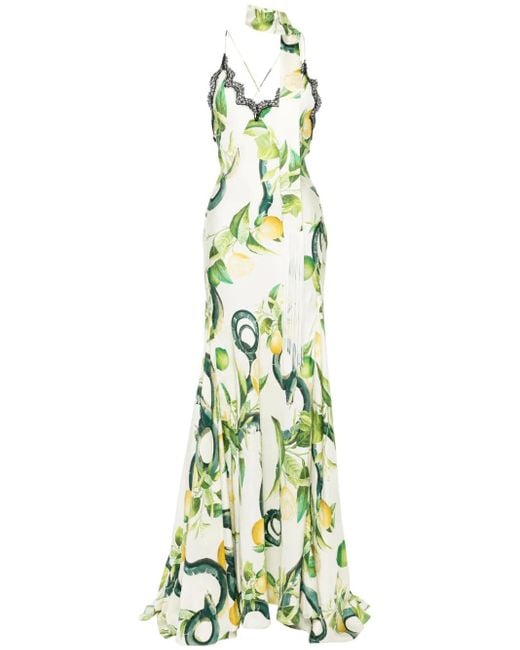 Roberto Cavalli Lemon-Print Silk Maxi Dress in Green | Lyst