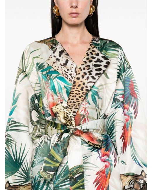 Roberto Cavalli Green Jungle-print Belted Coat