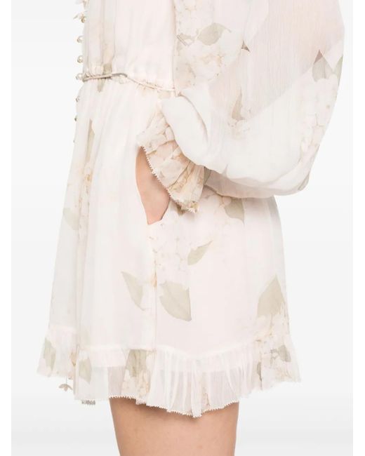 Zimmermann White Delicate Floral Playsuit With Removable Belt And Ruffled Edges
