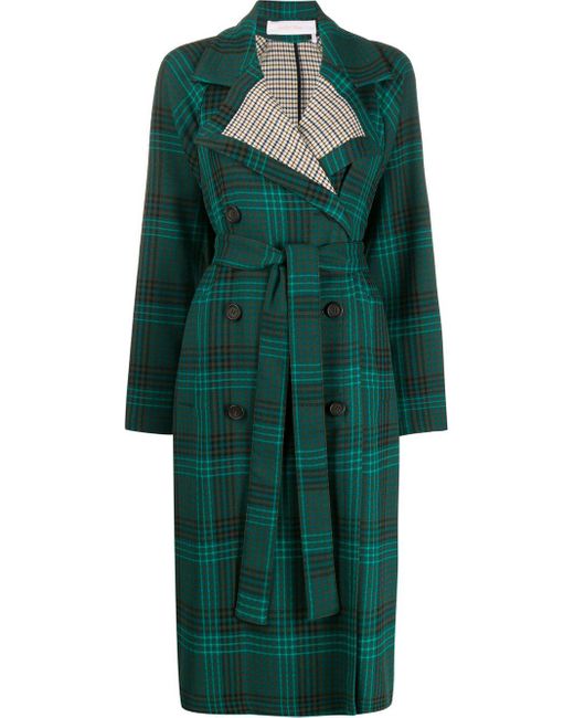 See By Chloé Green Double-breasted Plaid Trench Coat