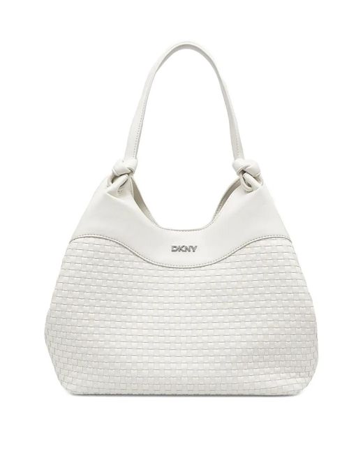 DKNY White Woven-Detail Logo-Plaque Tote Bag