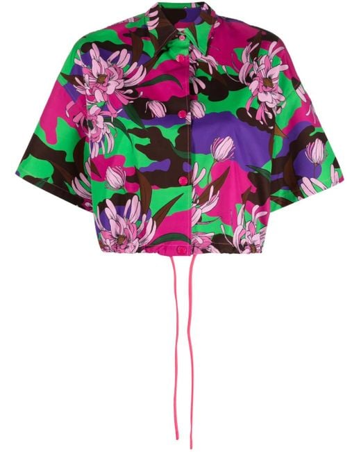 Moncler Pink Floral-Print Cropped Shirt