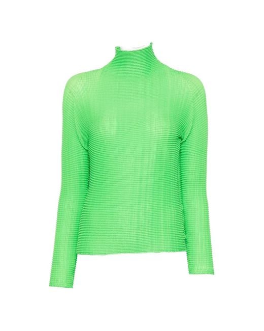 Issey Miyake Green Pleated High-Neck Blouse