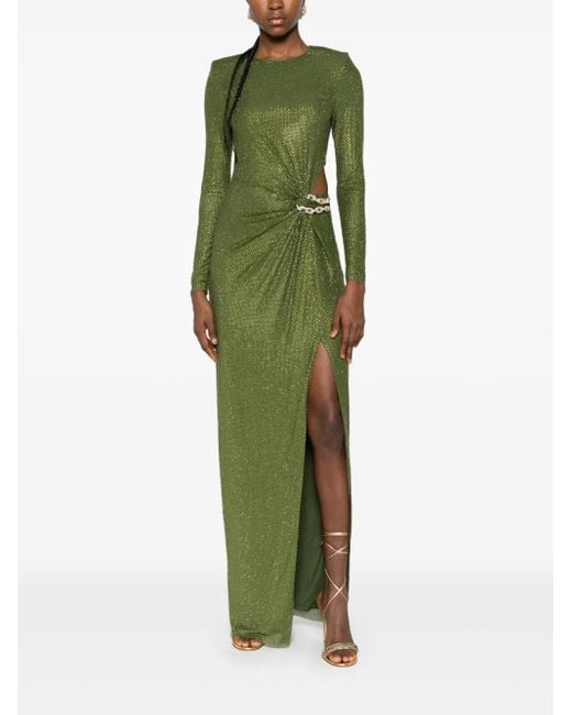 self portrait green rhinestone dress Olive Rhinestone Embellished Maxi Dress self-portrait