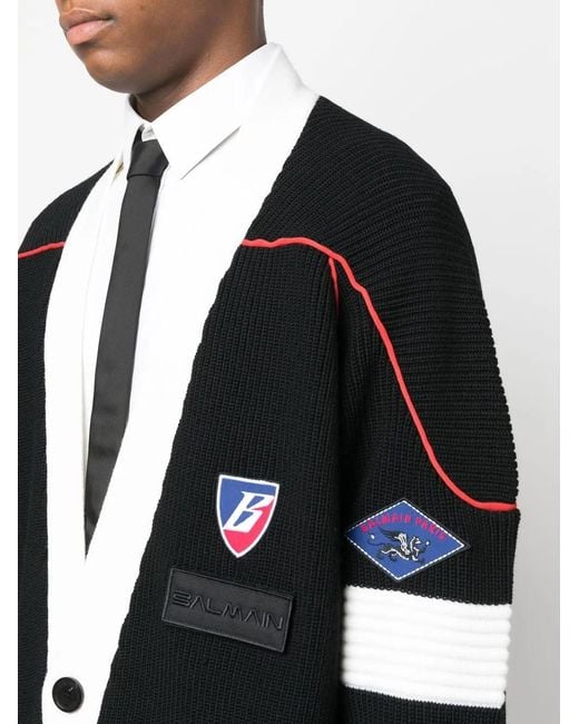 Balmain Black Logo-Patch V-Neck Cardigan for men