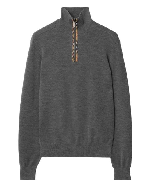 Burberry Gray Check Trim Wool Half-Zip Sweater for men