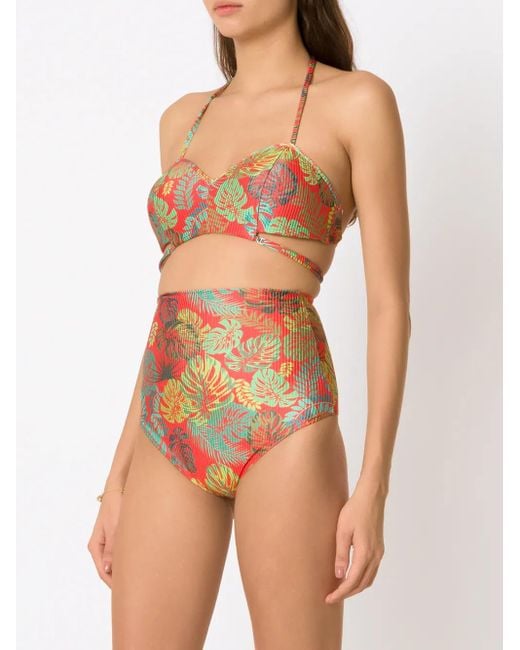 Amir Slama Red Palm Leaf Print High-Rise Bikini