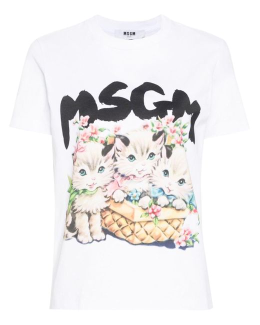 MSGM White Cats-print Cotton T-shirt