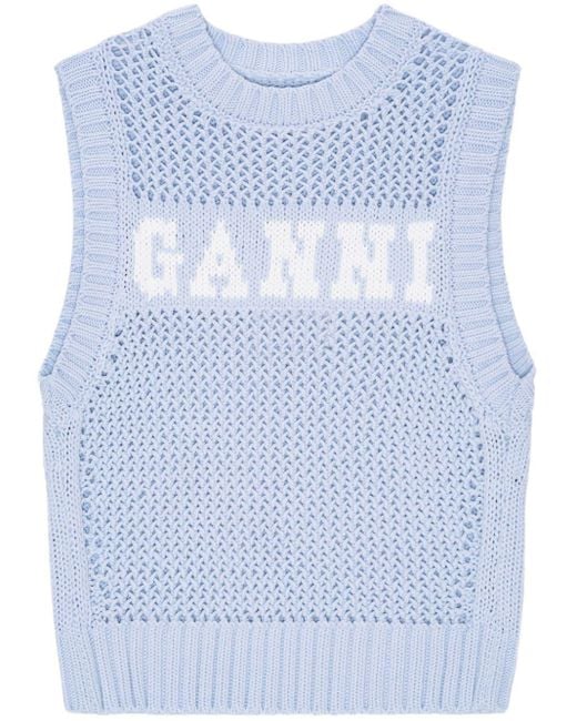 Ganni Blue Gestricktes Intarsien-Top aus Bio-Baumwolle
