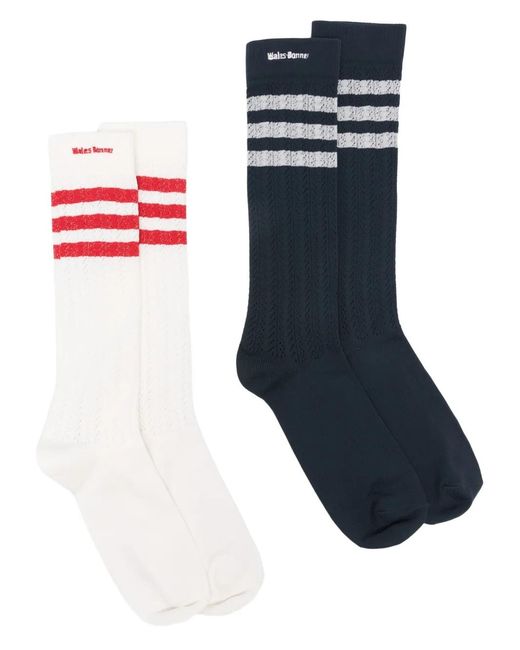 Adidas Blue X Wales Bonner Striped Logo Socks (Pack Of Two) for men