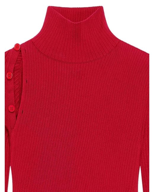 Courreges Red Button-Embellished Ribbed Turtleneck Sweater