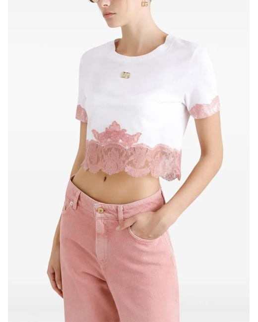 Dolce & Gabbana White Cropped T-Shirt With Dg Logo And Lace Inserts