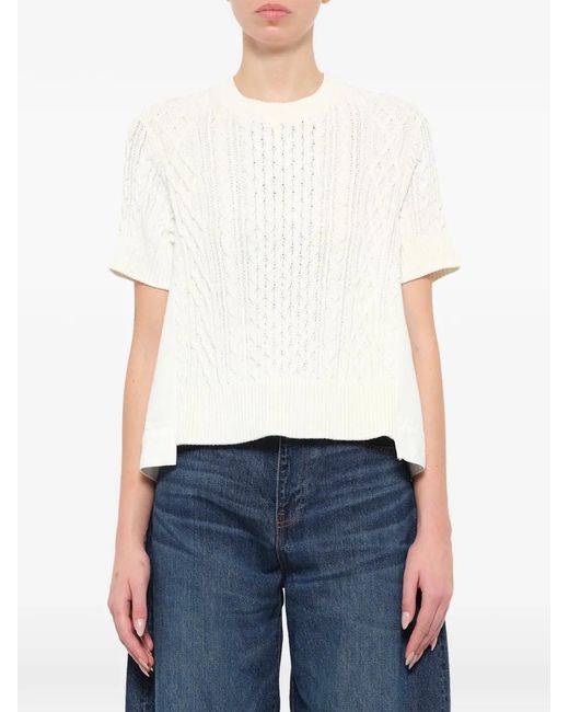 Sacai White Cable-Knit Panelled Short-Sleeve Sweater
