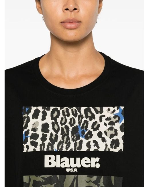 Blauer Black Logo-Print Leopard-Pattern T-Shirt