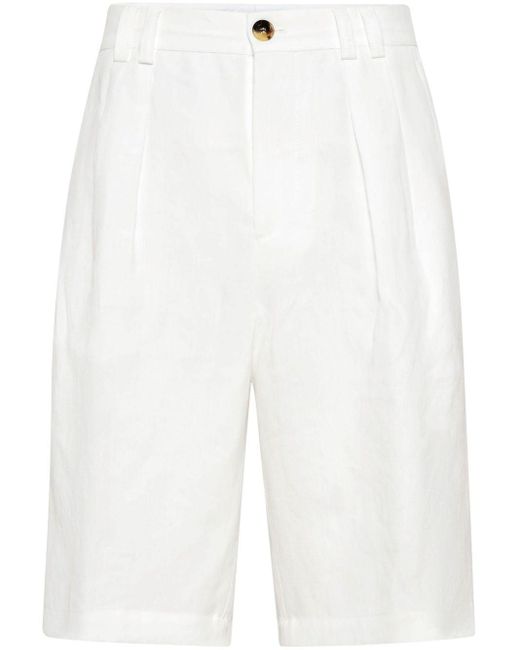 Brunello Cucinelli White Pleated Linen Bermuda Shorts for men