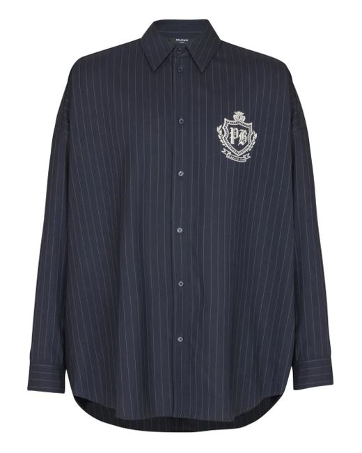 Balmain Blue Pinstripe Emblem Shirt for men