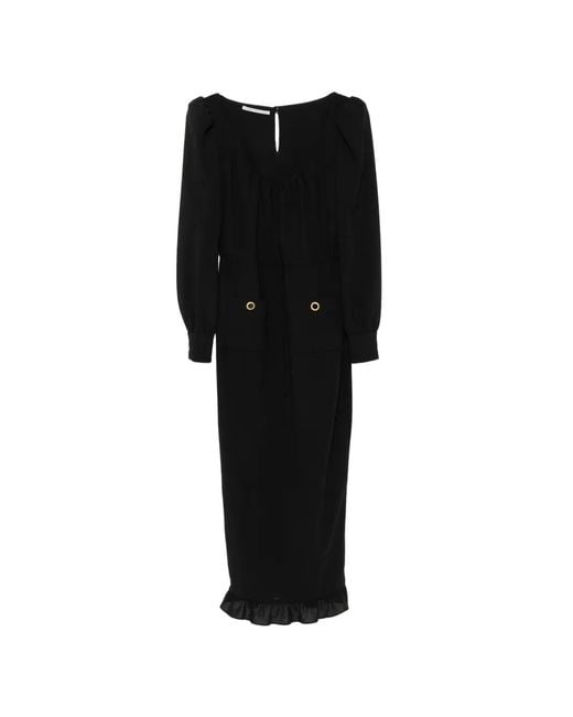 Alessandra Rich Black Ruffle-Trim Scoop-Neck Midi Dress
