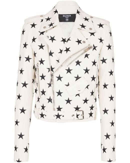 Balmain White Stars Embroidered Leather Biker Jacket for men