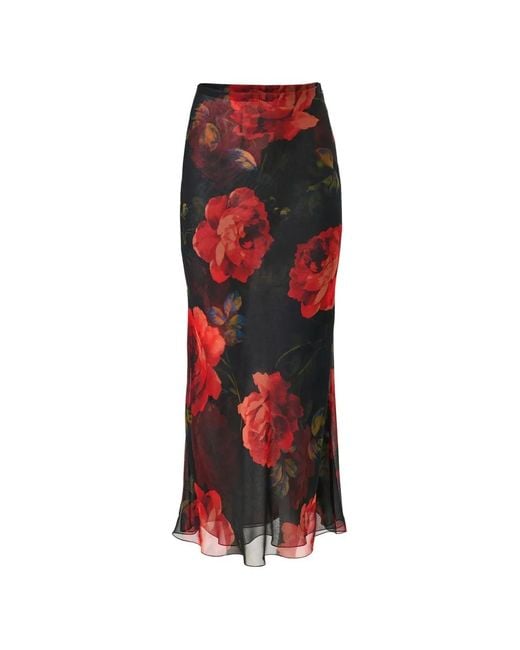 Carolina Herrera Red Rose-Print Chiffon Midi Skirt