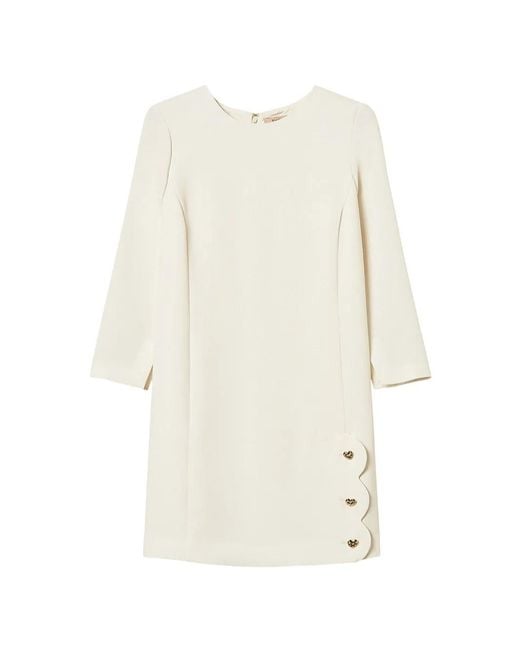 Twinset White Short Crêpe Dress With Heart-Shaped Buttons