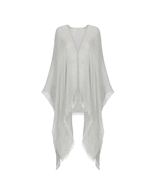 Panicale White Lurex-Pattern Frayed Poncho