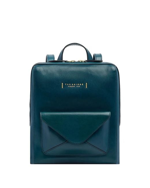 The Bridge Blue Leather Envelope-Pocket Backpack