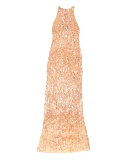 Elisabetta Franchi Natural Sequin-Embellished Maxi Evening Dress