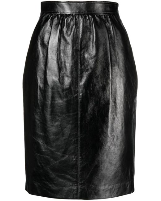 Saint Laurent Black Gathered Glossed-leather Skirt