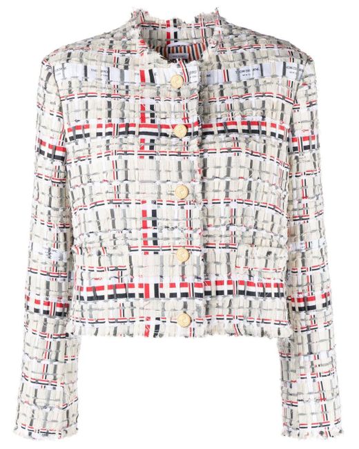 Thom Browne White Rwb Stripe Deconstructed-design Tweed Jacket