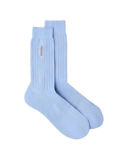 Versace Blue Embroidered Cotton Ribbed Socks