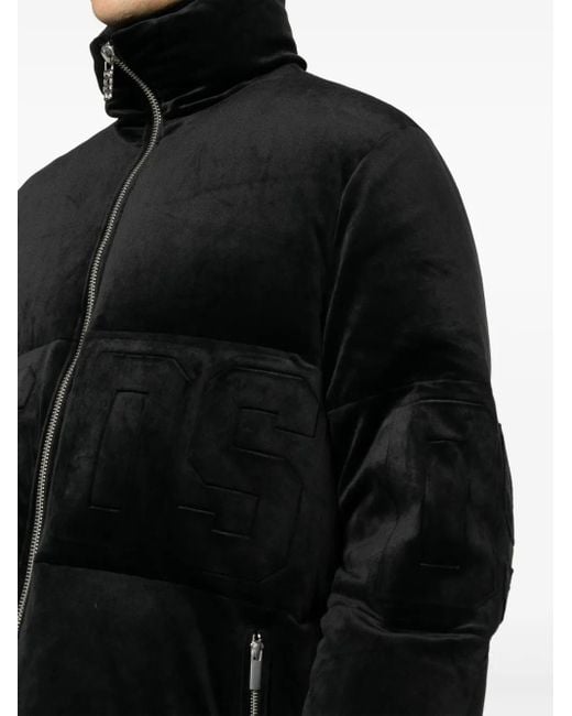 Gcds Black Logo-Embossed Velvet Padded Jacket for men
