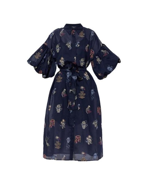 Munthe Blue Nalmetto Embroidered Balloon-Sleeve Midi Dress