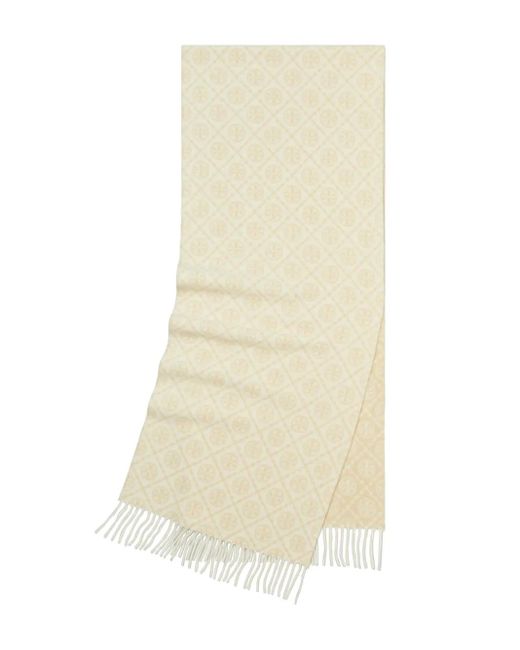 Tory Burch White Monogram-Pattern Fringed Scarf
