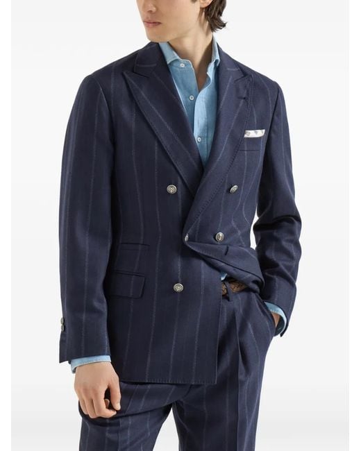 Brunello Cucinelli Blue Cashmere And Virgin Wool Multistripe Twill One-And-A-Half Breasted Deconstructed Blazer With Metal Buttons for men