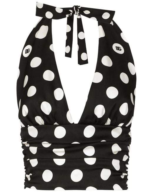 Dolce & Gabbana Black Tief Ausgeschnittenes Top Aus Charmeuse Punkteprint