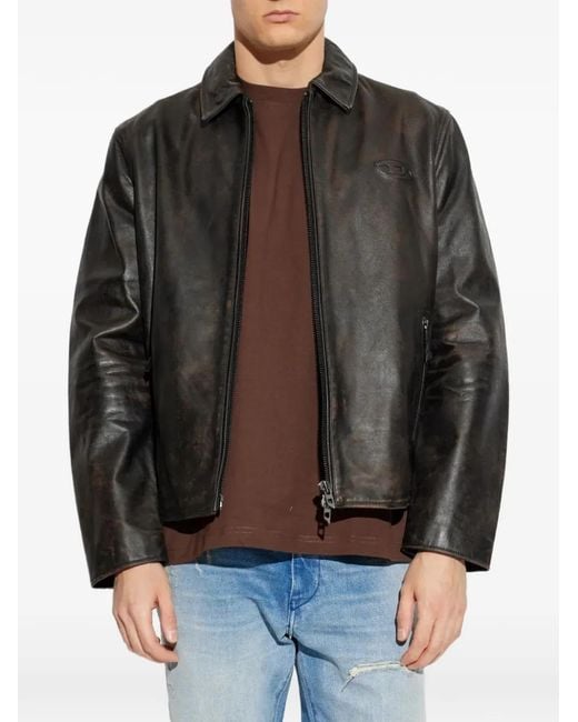 DIESEL Black Leather Logo Jacket for men
