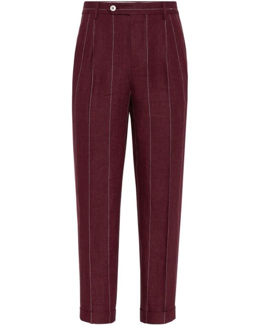 Brunello Cucinelli Stripe-pattern Linen Tapered Trousers for men