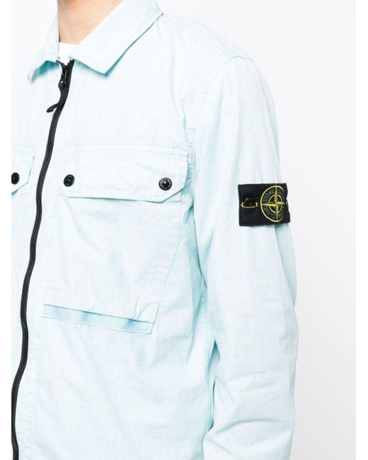 Stone Island Blue Compass Logo-patch Zip-up Shirt Jacket for men