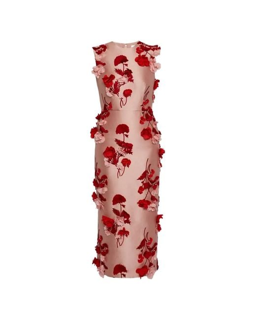 Erdem Red Mikado Floral Sleeveless Pencil Midi Dress
