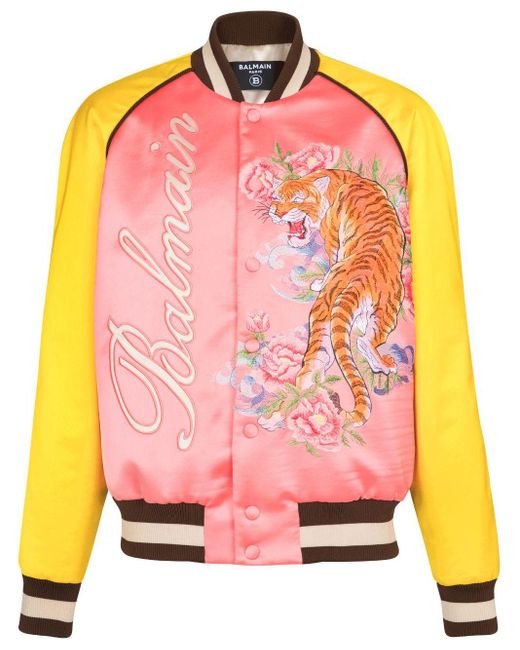 Balmain Pink Tiger-embroidered Satin Bomber Jacket for men