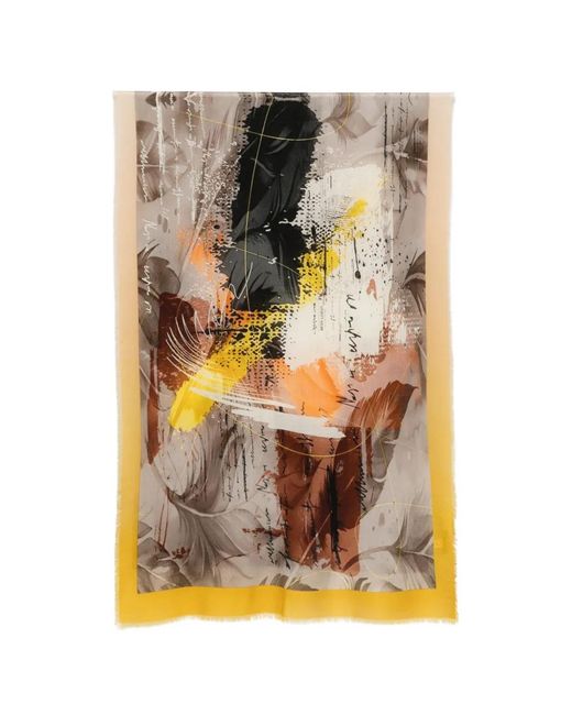 D'Aniello Natural Abstract-Print Frayed Scarf