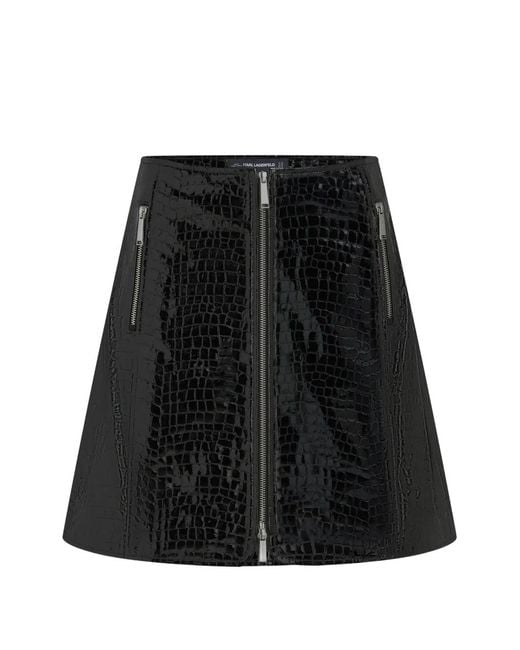 Karl Lagerfeld Black Studio Croc Leather Skirt