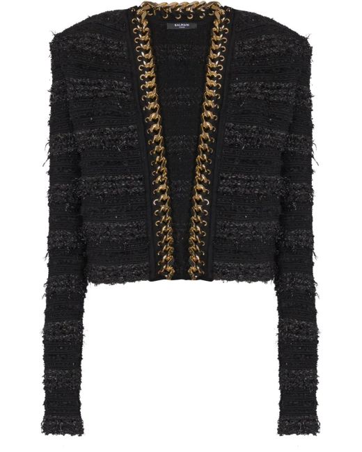 Balmain Black Chains Details Side To Side Tweed Jacket