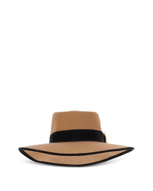 ALEXIA ALVAREZ DE TOLEDO Brown Brooch-Detail Wide-Brim Hat