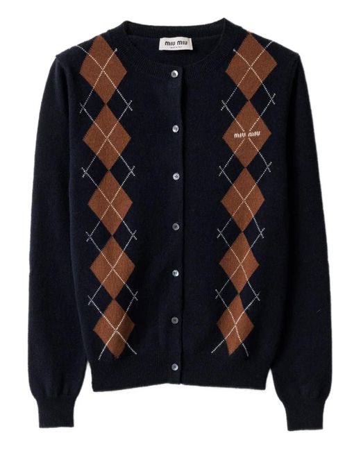 Miu Miu Blue Argyle Intarsia-Knit Cardigan