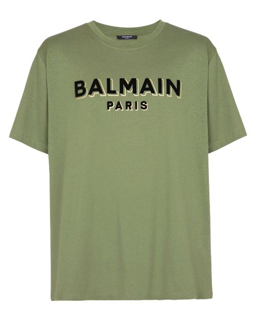 T-shirt en coton à logo floqué Balmain pour homme en coloris Green