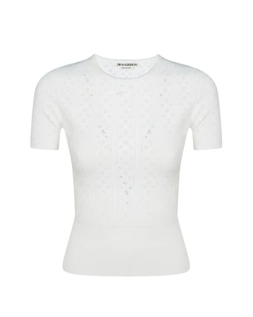 J.W. Anderson White Pointelle-Knit Bow-Detail T-Shirt