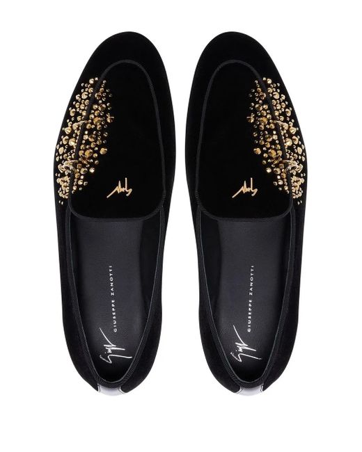 Giuseppe Zanotti Black Alvaro Studded Velvet Loafers for men