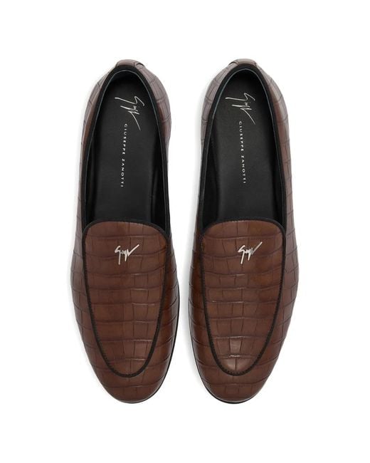 Giuseppe Zanotti Brown Crocodile-Effect Logo Loafers for men